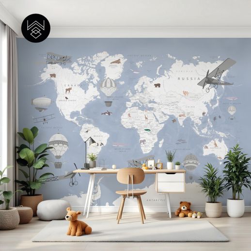 טפט מפת עולם וינטג’ כחול