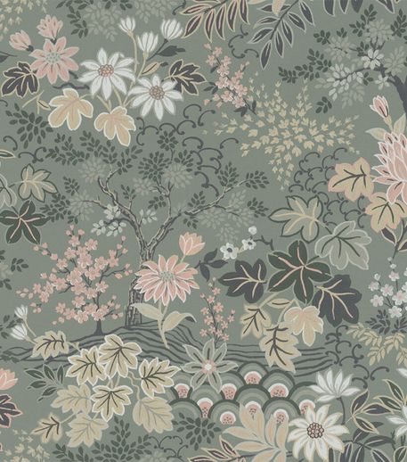 טפט פרחים ועלים יפני ירקרק