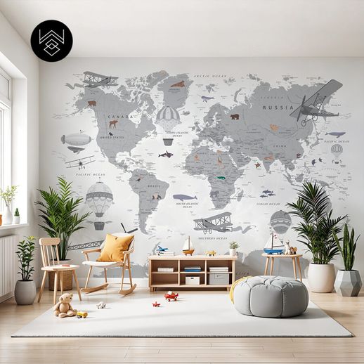 טפט מפת עולם וינטג’ אפור