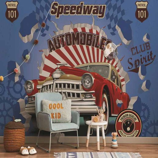 טפט מכונית וינטג' אדומה פורצת דרך קיר