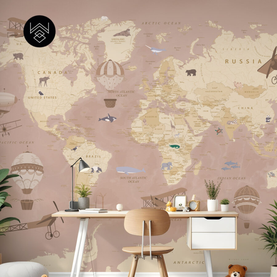 טפט מפת עולם וינטג’ ורוד