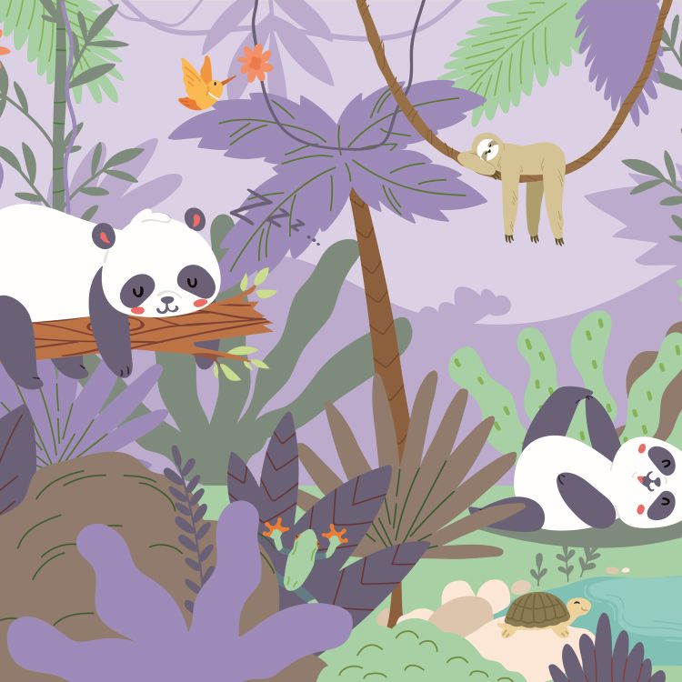 טפט חדר ילדים דובי פנדה שוכבים על עץ עם רקע של צמחיה