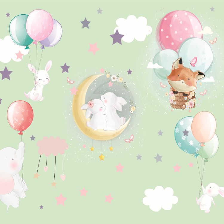טפט חדר ילדים ארנבים יושבים על ירח עם פיל, בלונים, כוכבים