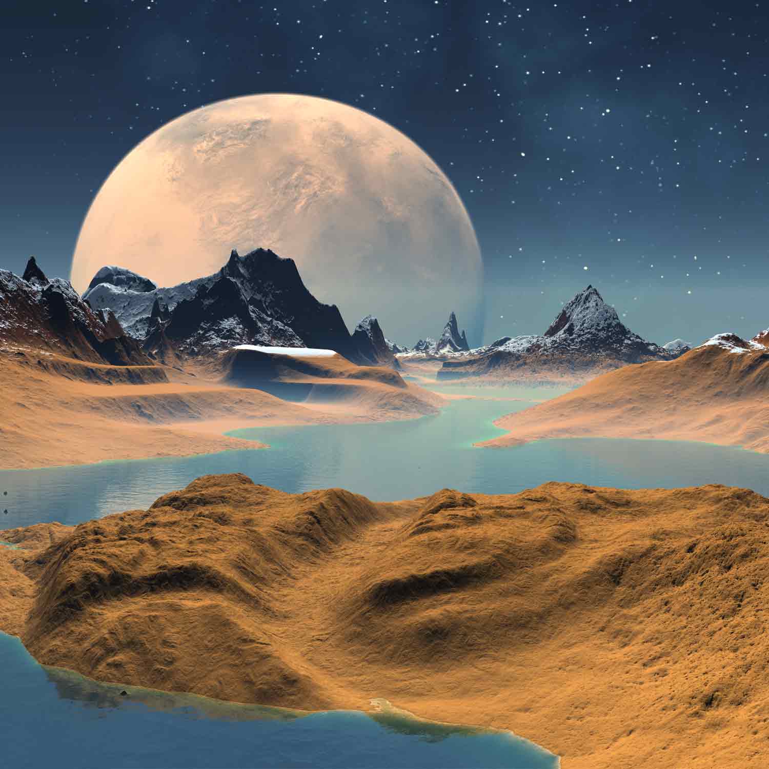 טפט חדר בנים חלל מרהיב ירח גדול על רקע הרים עם נחל מים