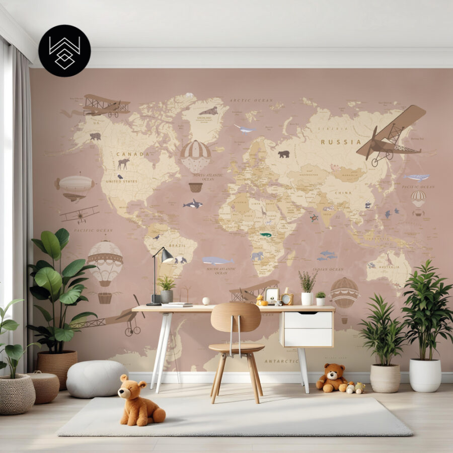 טפט מפת עולם וינטג’ ורוד