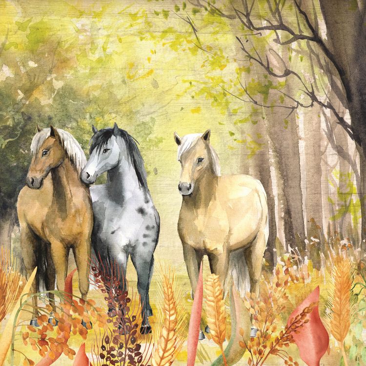 טפט ציור בצבעי מים של סוסים בטבע רקע יער