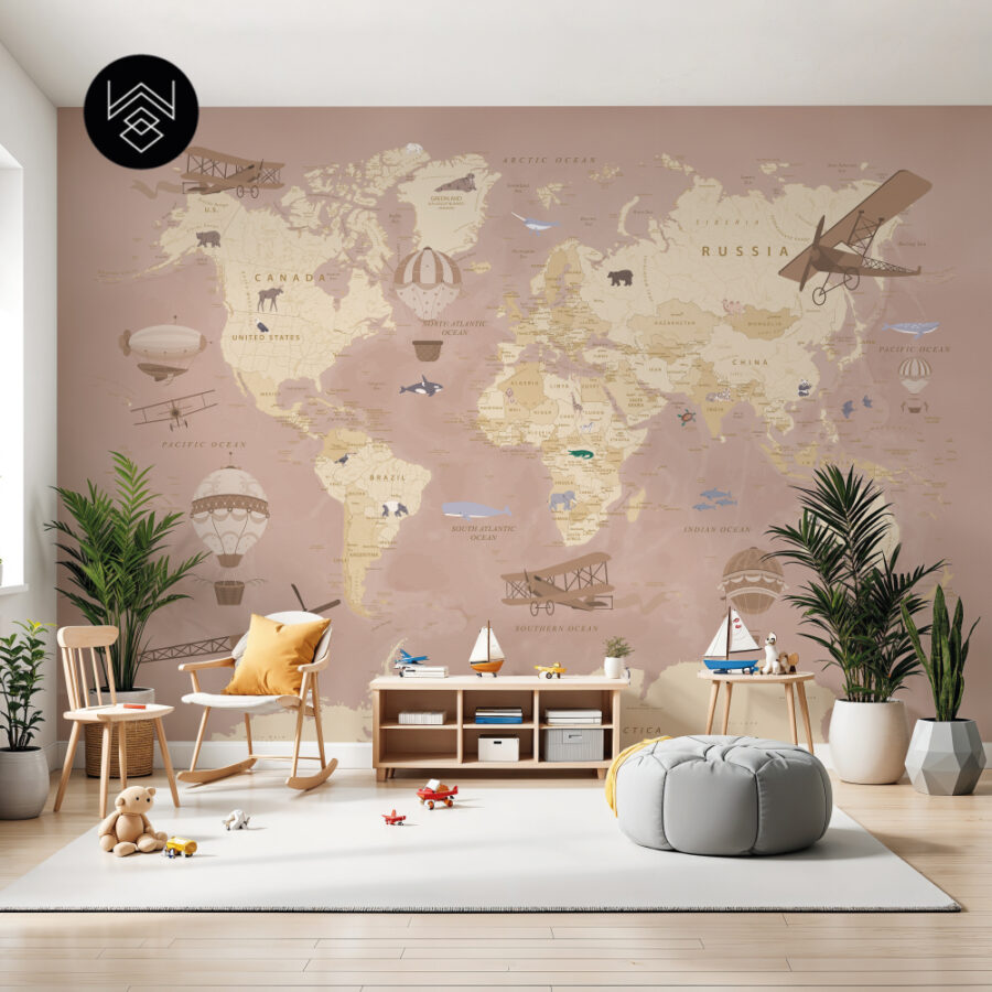 טפט מפת עולם וינטג’ ורוד