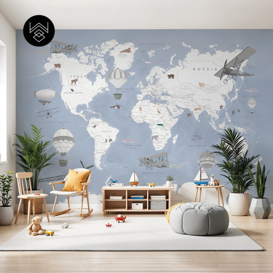 טפט מפת עולם וינטג’ כחול