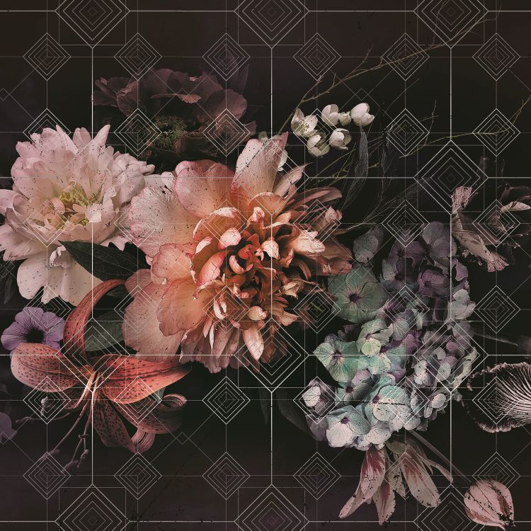 טפט פרחים - סנטרפיס פרחים על רקע אריחים שחורים