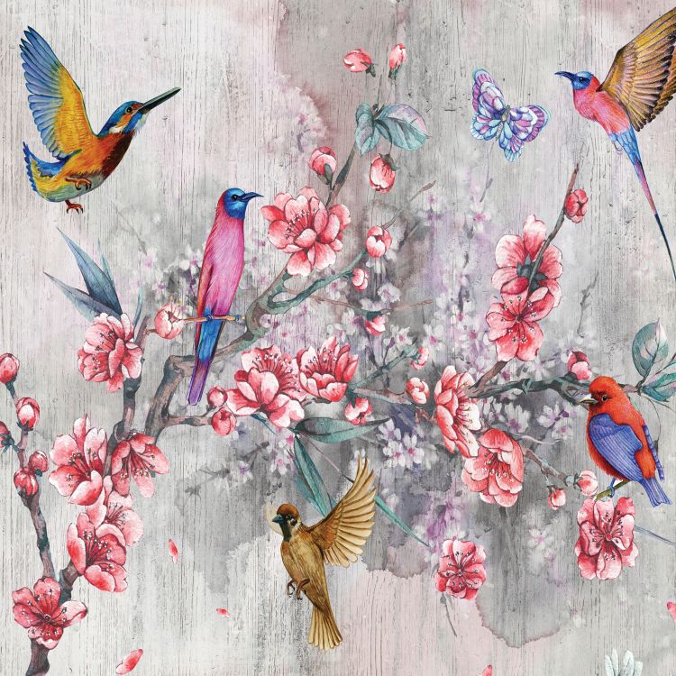 טפט פרחים - ציור בצבעי מים של ציפורים על שיח ורדים