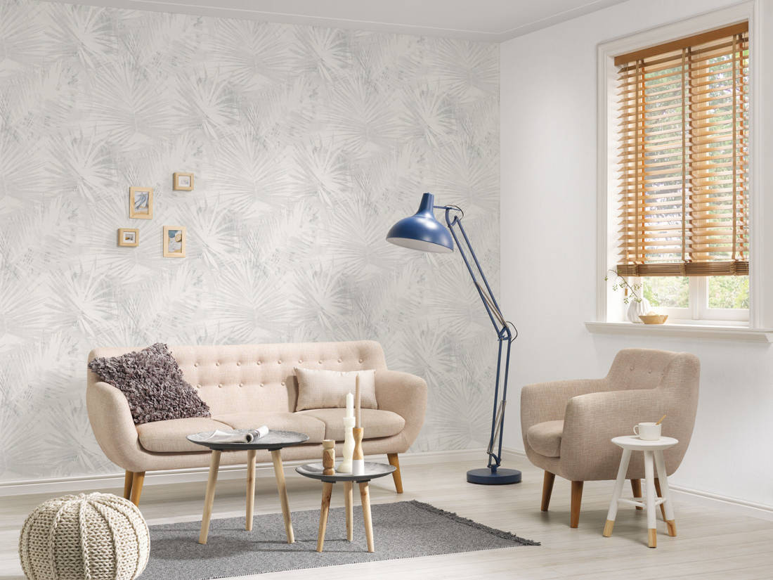 טפט ענפים טרופי צבעי מים אפור בהיר