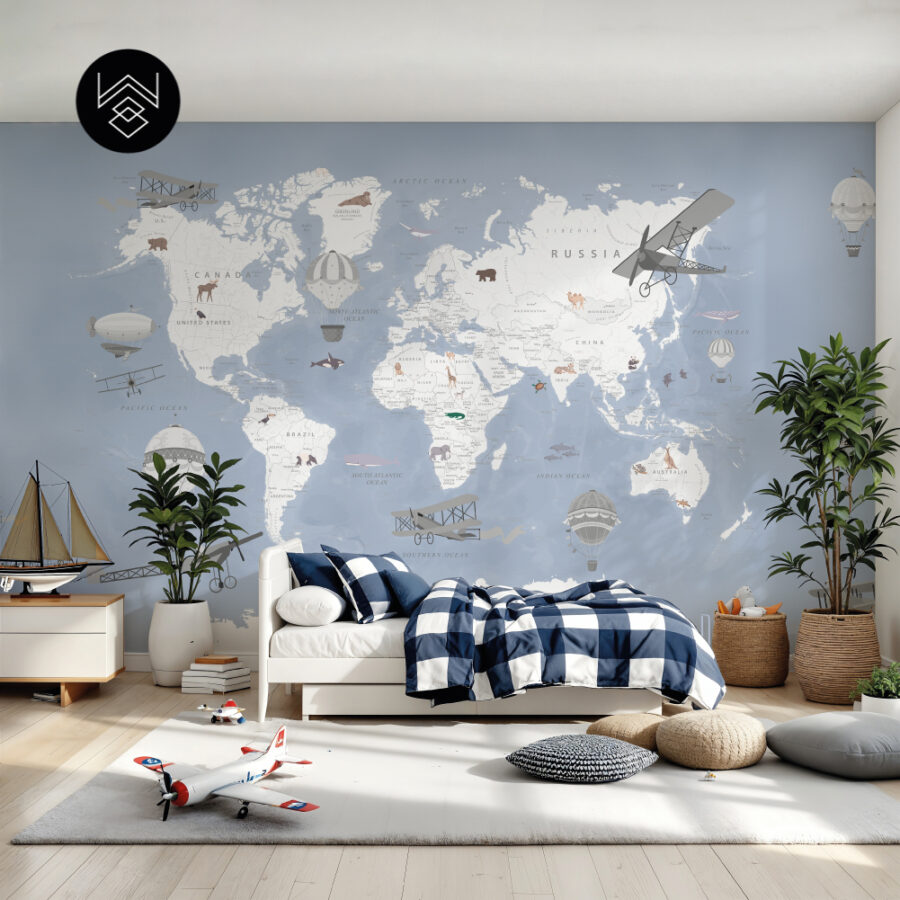טפט מפת עולם וינטג’ כחול