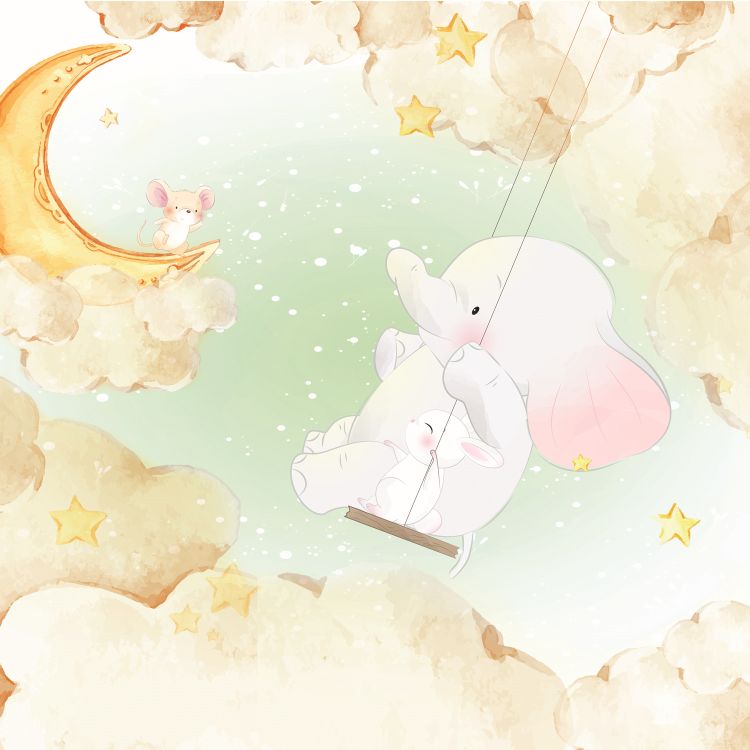 טפט חדר תינוקות LULLABY פיל מתנדנד על ענן ועכבר צופה בו, יושב על הירח