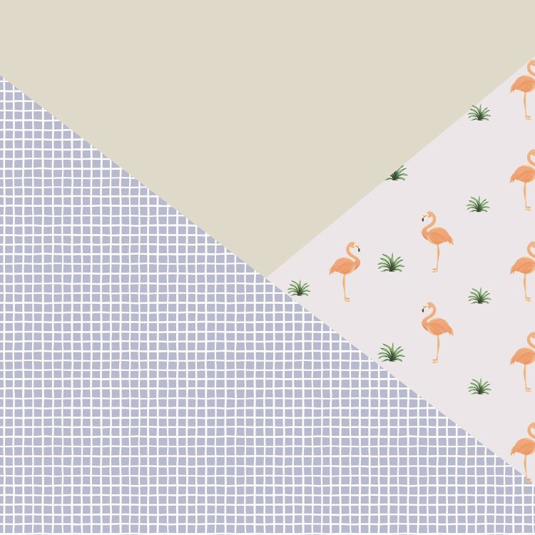 טפט ציפורי פלמינגו, ריבועים ועיגולים על רקע דוגמה גאומטרית