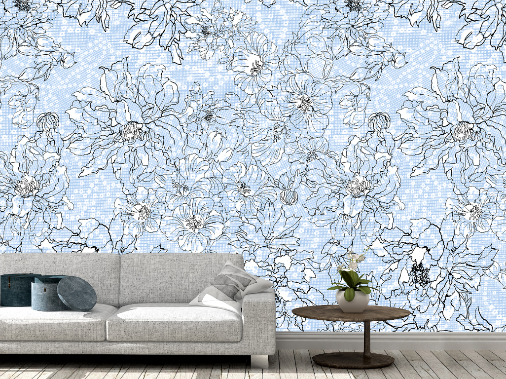 טפט Floral Linear White and Blue