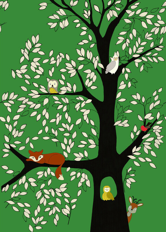 טפט סיפורי ילדים Fox in forest green