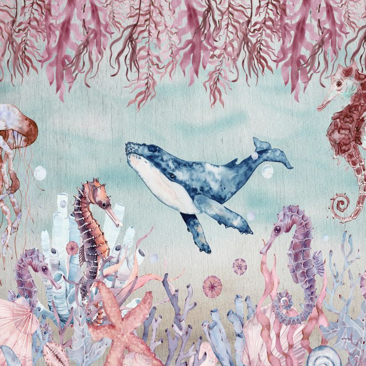 טפט חדרי תינוקות ציור בצבעי מים של סוסי ים ליוויתן ותמנון מתחת לפני הים