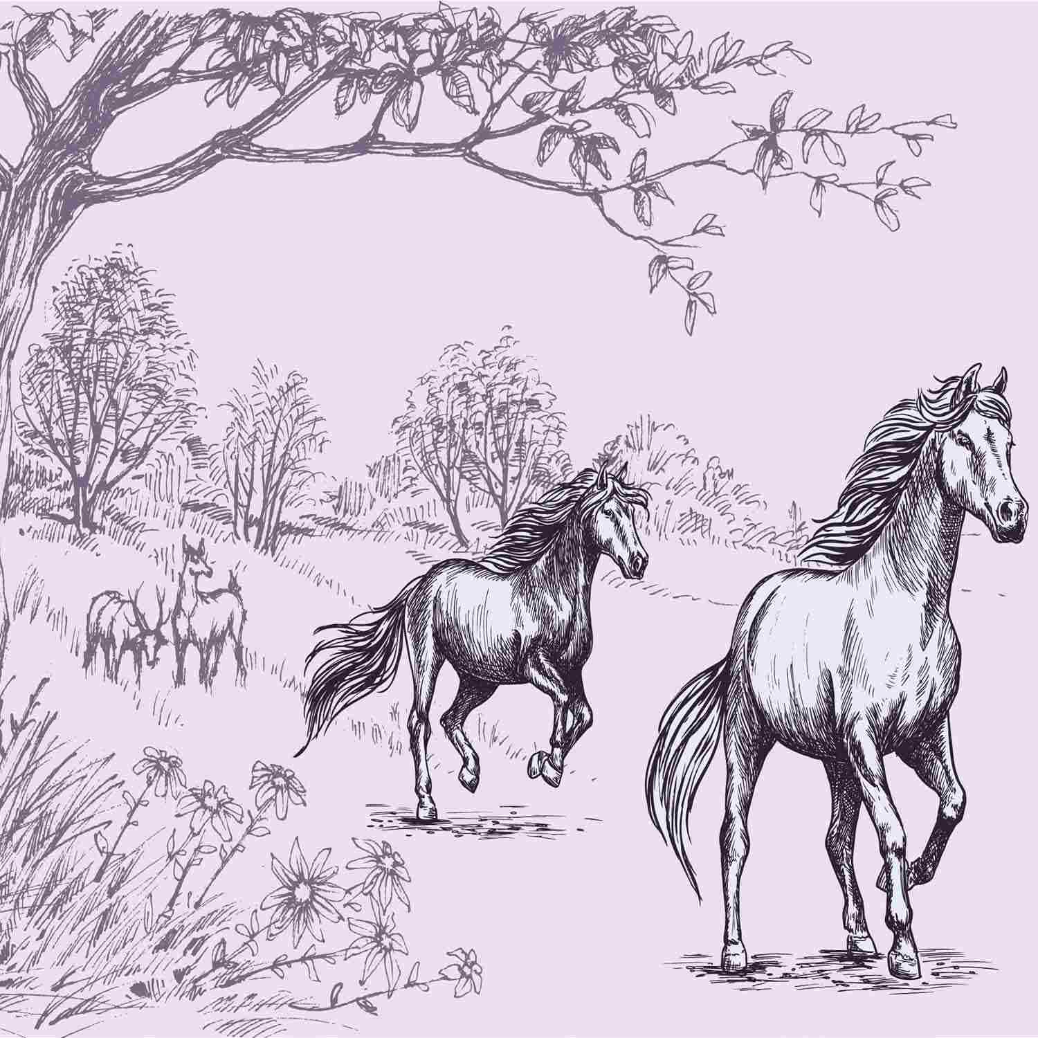 טפט סגנון איור חופשי סוסים רצים בטבע