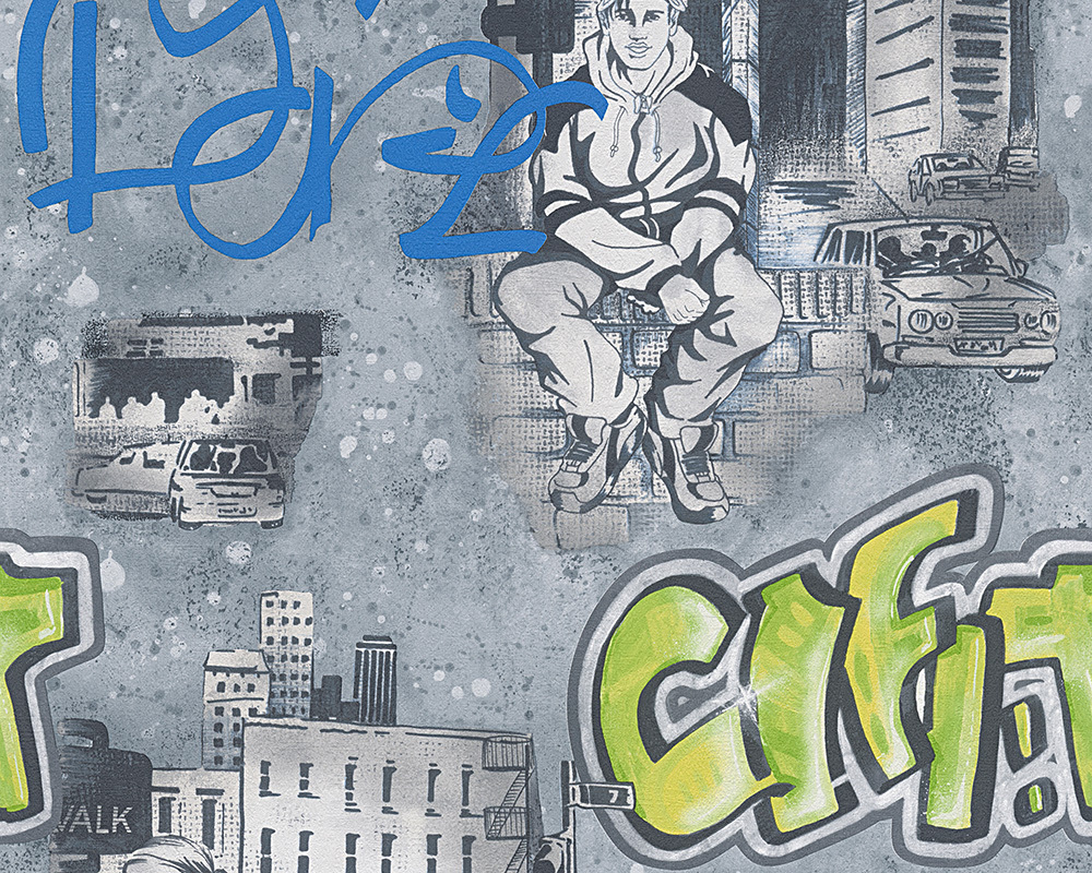 טפט ציורי עיר גרפיטי אפור כחול