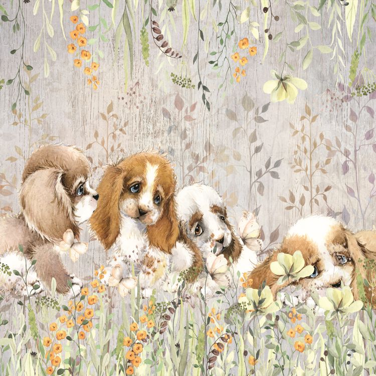 טפט ציור בצבעי מים, של גורי כלבים ופרחים