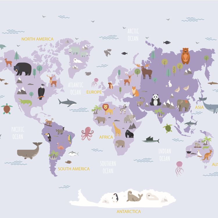 טפט מפת העולם עם חיות המאפינות את האזורים השונים