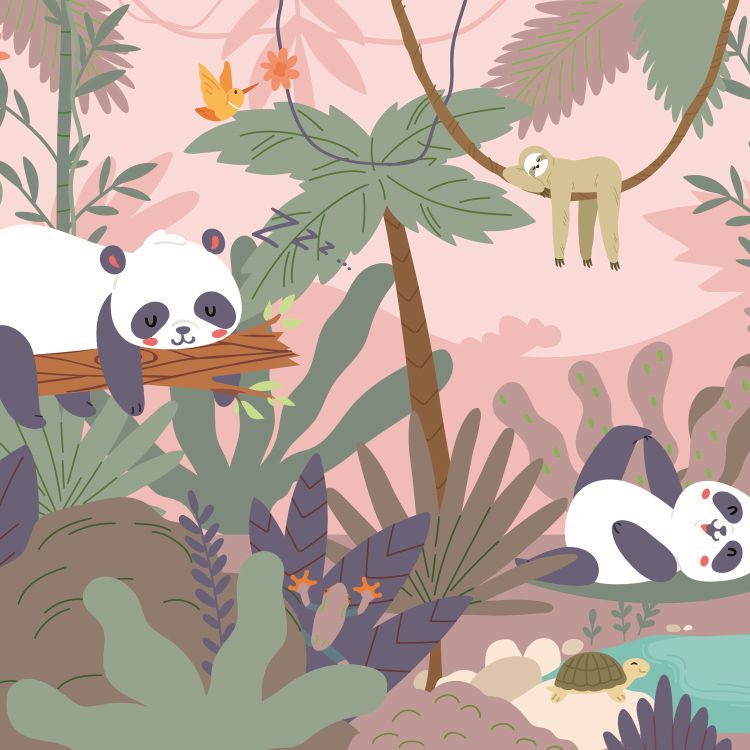 טפט חדר ילדים דובי פנדה שוכבים על עץ עם רקע של צמחיה