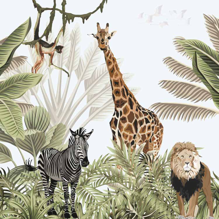 טפט ציור של חיות ג'ירפה אריה זברה בג'ונגל