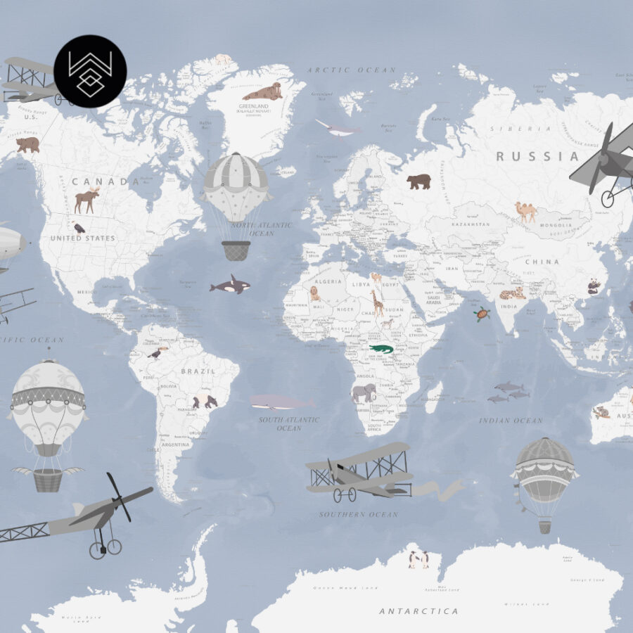 טפט מפת עולם וינטג’ כחול