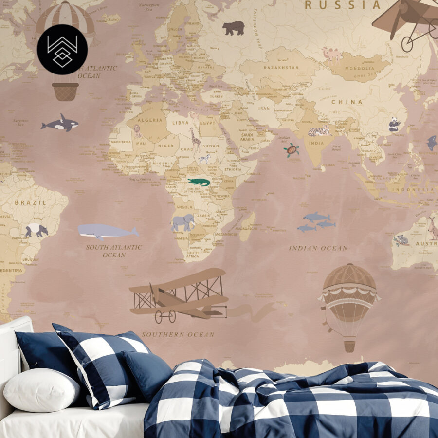 טפט מפת עולם וינטג’ ורוד