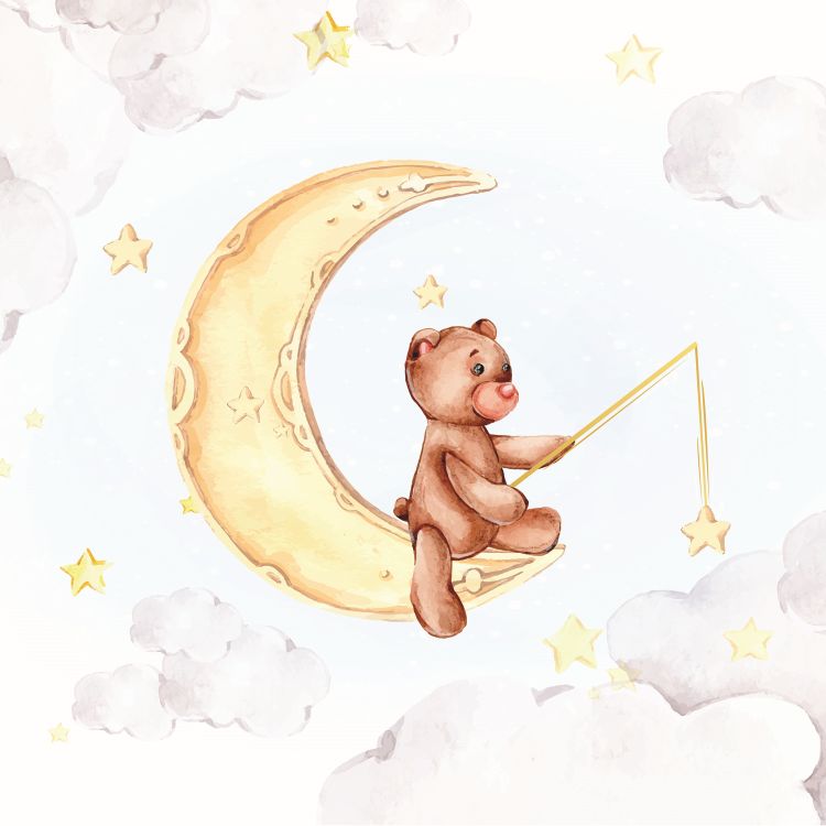 טפט חדר תינוקות LULLABY דובי יושב על רבע ירח ודג כוכבים