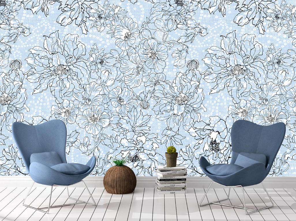 טפט Floral Linear White and Blue