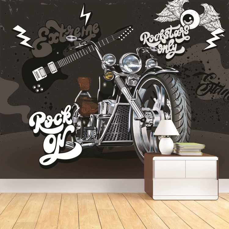 טפט חדר בנים אופנוע צ'ופר, וגיטרה על רקע קיר בטון