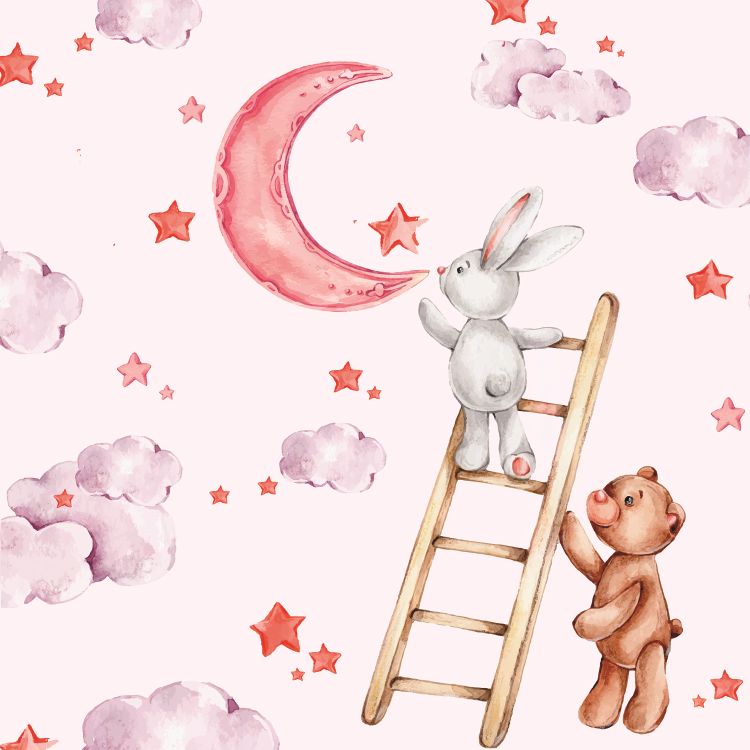 טפט לחדר תינוקות LULLABY ציור מים של ארנב מטפס לירח על סולם ודובי עוזר לו, בלילה זרוע כוכבים.