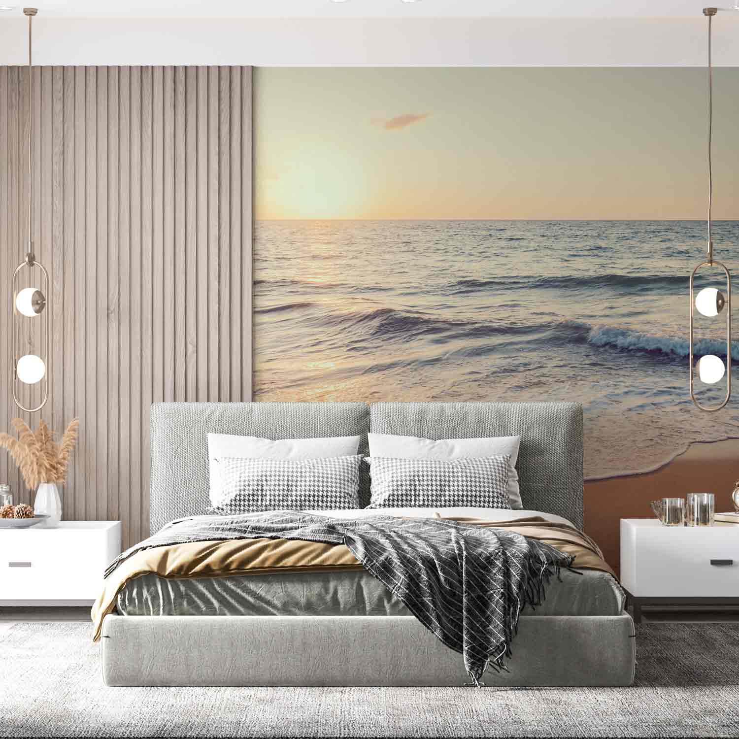 טפט ים גלים שוטפים את החוף ברכות בזמן שהשמש שוקעת