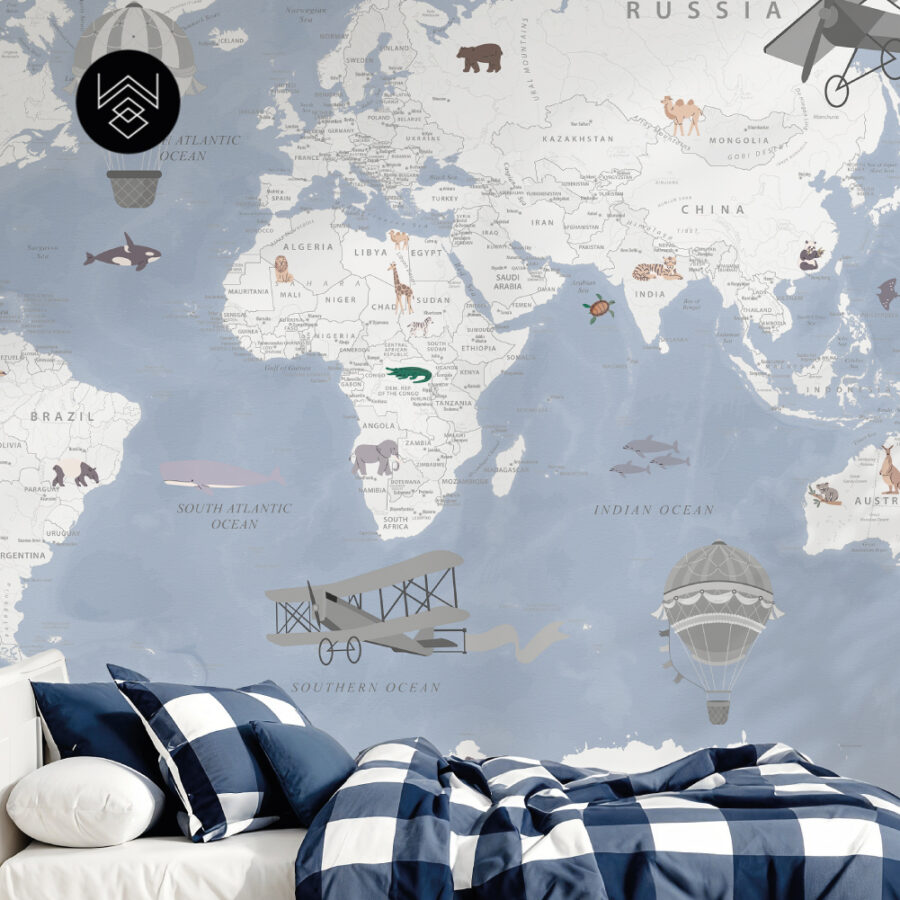 טפט מפת עולם וינטג’ כחול