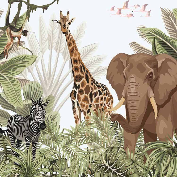 טפט ציור מרהיב של חיות ג'ירפה פיל וזברה בג'ונגל
