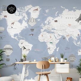 טפט מפת עולם וינטג’ כחול