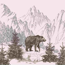טפט דוב גדול בטבע על רקע הרים סגנון איור חופשי
