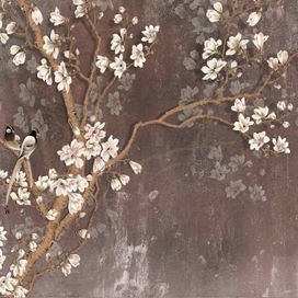 טפט פרחים, שתי ציפורים יושבות על עץ עם ענפים חומים ופרחים לבנים