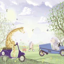 טפט ויליג' גרסת המעצבת, ג'רפה ופיל עם קיפוד רוכבים בשדה ירוק. מומלץ והנמכר ביותר!!