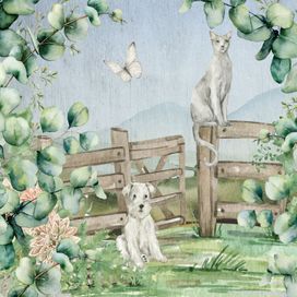 טפט ציור בצבעי מים של כלב יושב בדשא וחתול יושב על גדר בחווה