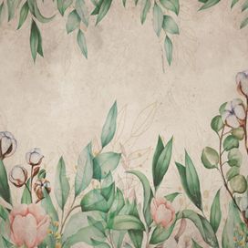 טפט פרחים ועלים מצויירים על קיר עם מרקם מחוספס