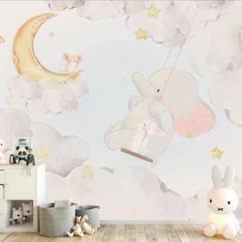 טפט חדר תינוקות LULLABY פיל מתנדנד על ענן ועכבר צופה בו, יושב על הירח