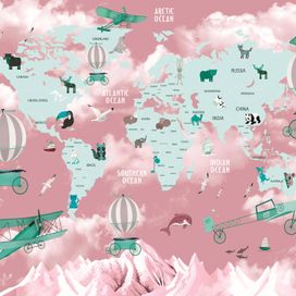 טפט מפת העולם עם כדורים פורחים, מטוסים וינטג' וחיות טיפוסיות לאזורים