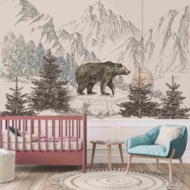 טפט דוב גדול בטבע על רקע הרים סגנון איור חופשי