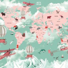 טפט מפת העולם עם כדורים פורחים, מטוסים וינטג' וחיות טיפוסיות לאזורים