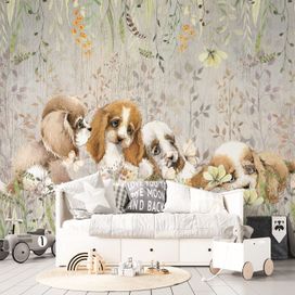 טפט ציור בצבעי מים, של גורי כלבים ופרחים