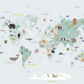 טפט מפת העולם עם חיות המאפינות את האזורים השונים