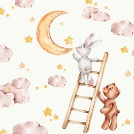 טפט לחדר תינוקות LULLABY ציור מים של ארנב מטפס לירח על סולם ודובי עוזר לו, בלילה זרוע כוכבים.