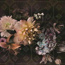טפט פרחים - סנטרפיס פרחים על רקע אריחים שחורים